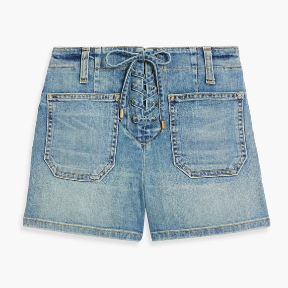 Nili Lotan Romane Lace-up Denim Shorts Faded‎ Wash 27 Patch Pockets Festival